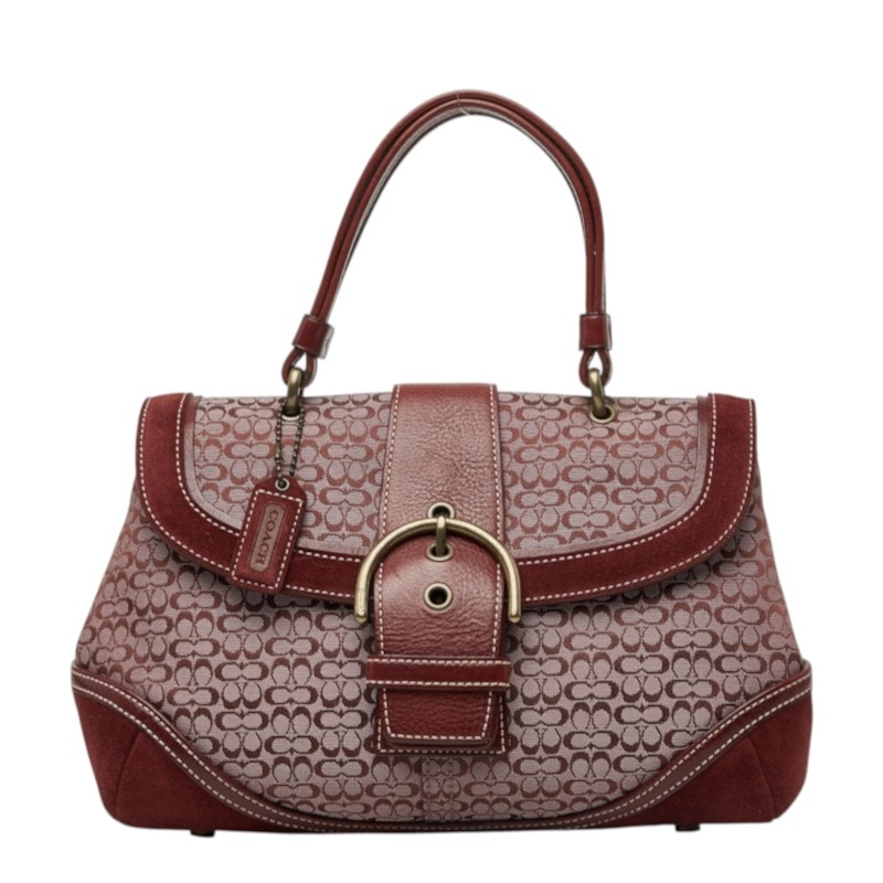 コーチ ミニシグネチャー ハンドバッグ ワインレッド ピンク キャンバス レザー スウェード レディース COACH 中古