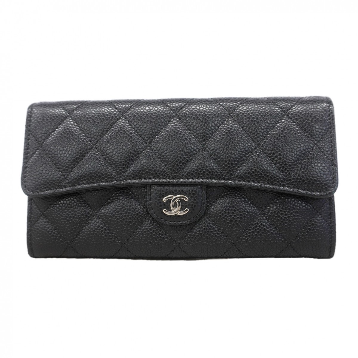 【6gd3845】シャネル 長財布 マトラッセ キャビアスキン ブラック シルバー金具【中古】レディース