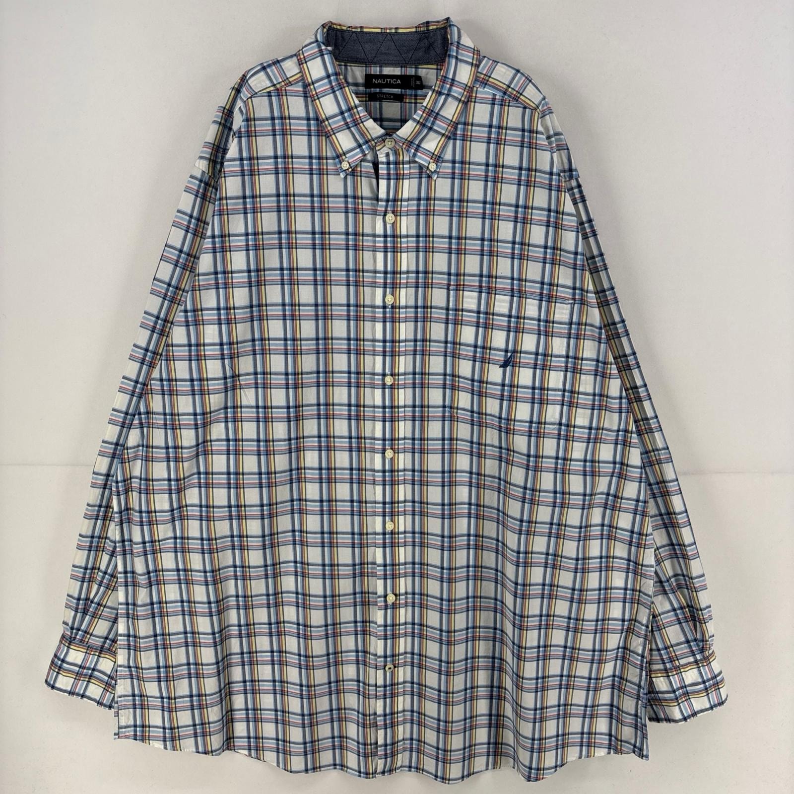 古着 ノーティカ NAUTICA 長袖シャツ ワンポイント 胸ポケット 大きいサイズ ストレッチ ボタンダウン 3XL  ブルー系 チェック メンズ