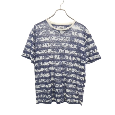 ZARA ザラ リネンブレンド 総柄 半袖 Tシャツ L ネイビー