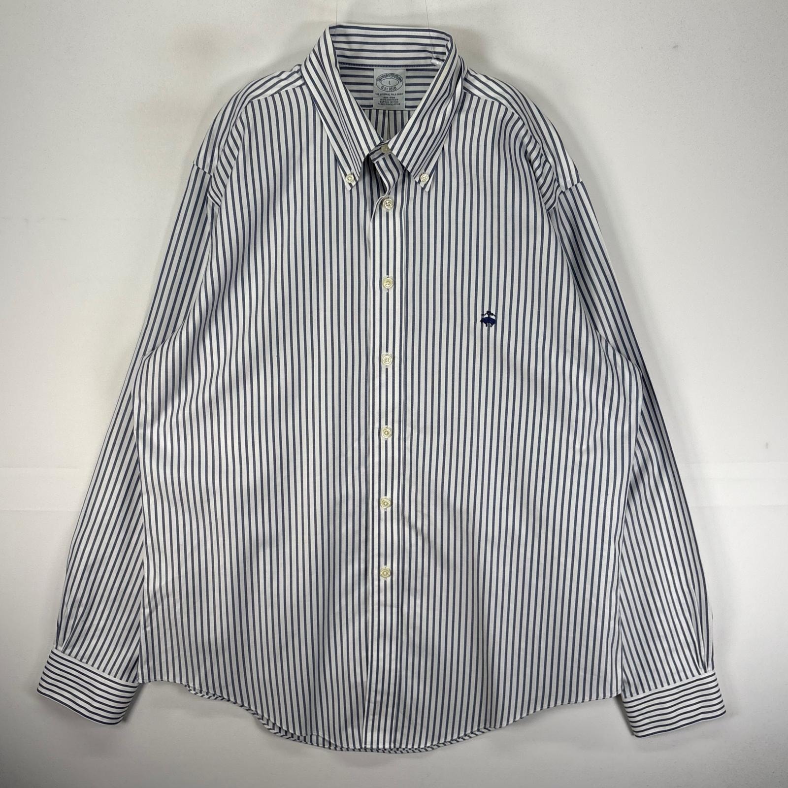 古着 ブルックスブラザーズ Brooks Brothers 長袖シャツ ボタンダウン ワンポイント L  ネイビー系 ストライプ メンズ