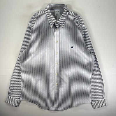 古着 ブルックスブラザーズ Brooks Brothers 長袖シャツ ボタンダウン ワンポイント L ネイビー系 ストライプ メンズ
