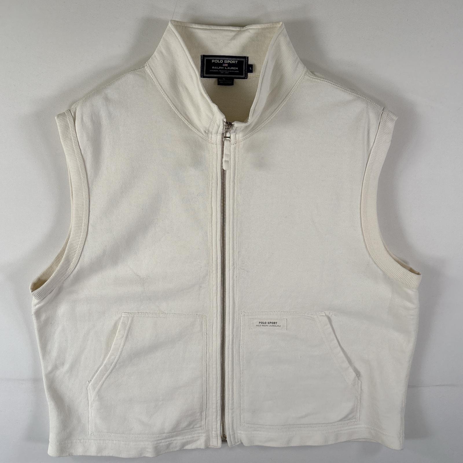 古着 ポロスポーツ POLO SPORTS スウェットベスト フルジップ ワンポイントロゴ 無地 ポケット カナダ製 L  ホワイト系 メンズ