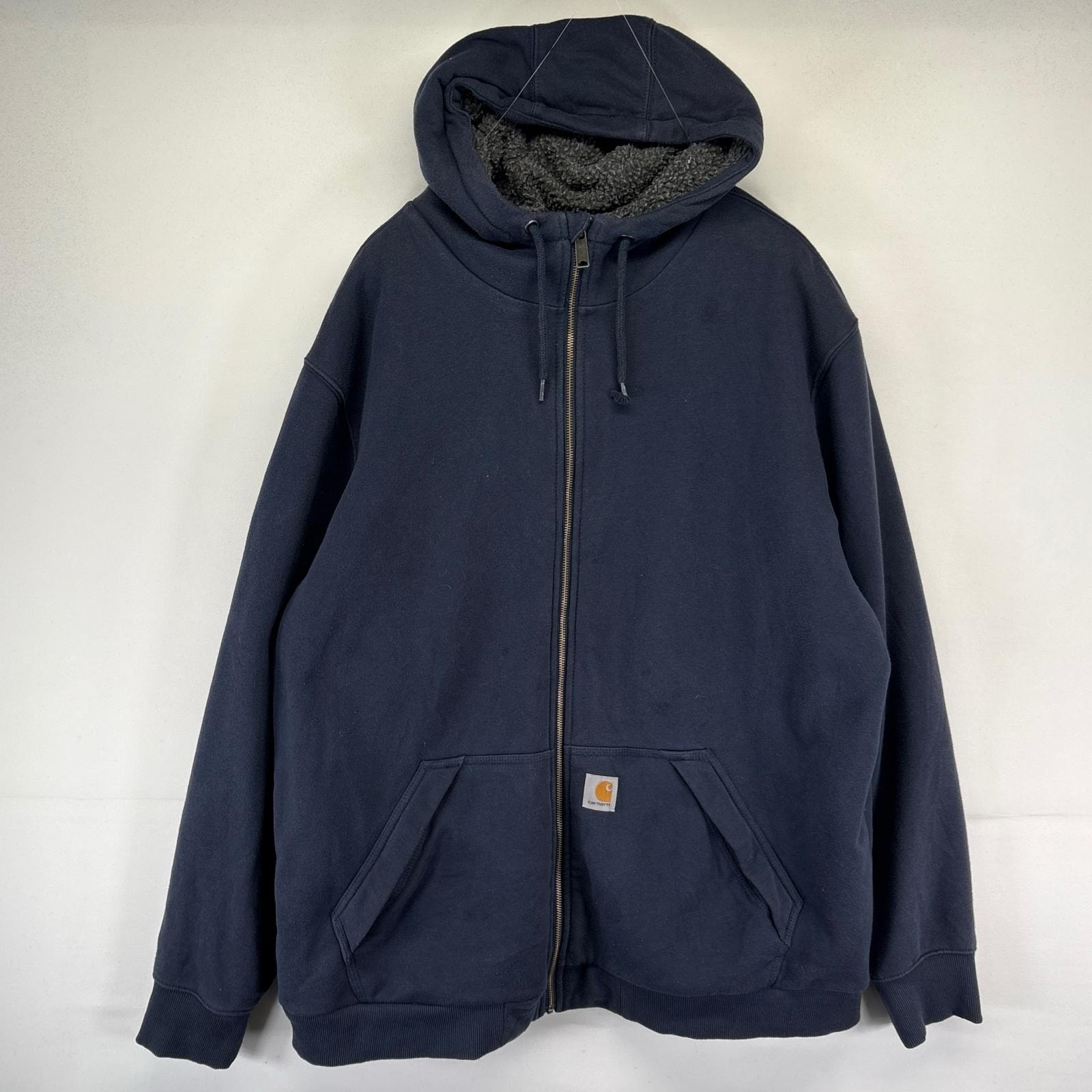 古着 カーハート Carhartt パーカー フルジップ ボアライナー 大きいサイズ レインディフェンダー 2XL  ネイビー系 メンズ