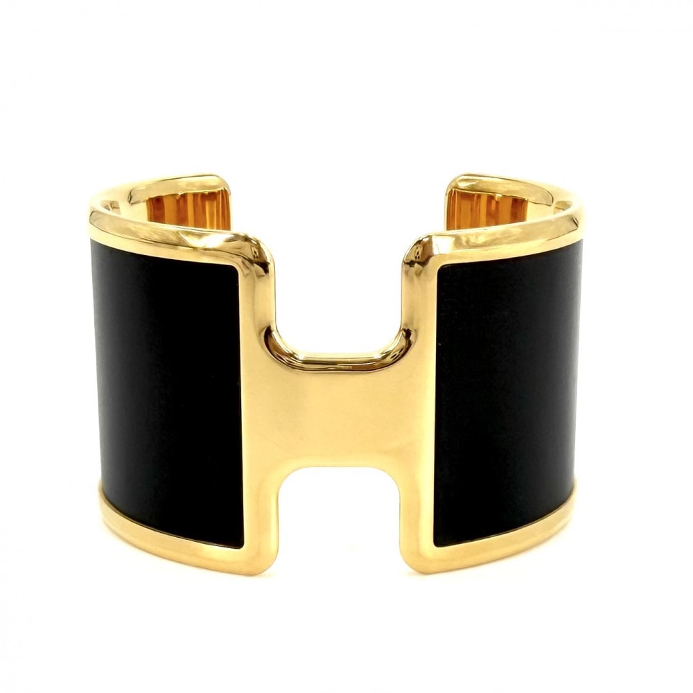 HERMES エルメス バングル オランプ レザーブレスレット アクセサリー ジュエリー 小物 ゴールド ブラック 黒 レディース 約66.4g 美品【中古品】