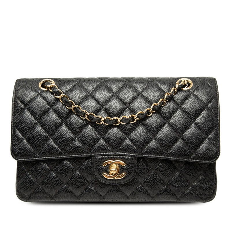 シャネル ココマーク マトラッセ25 ダブルフラップ チェーン ショルダーバッグ ブラック キャビアスキン レディース CHANEL 【中古】