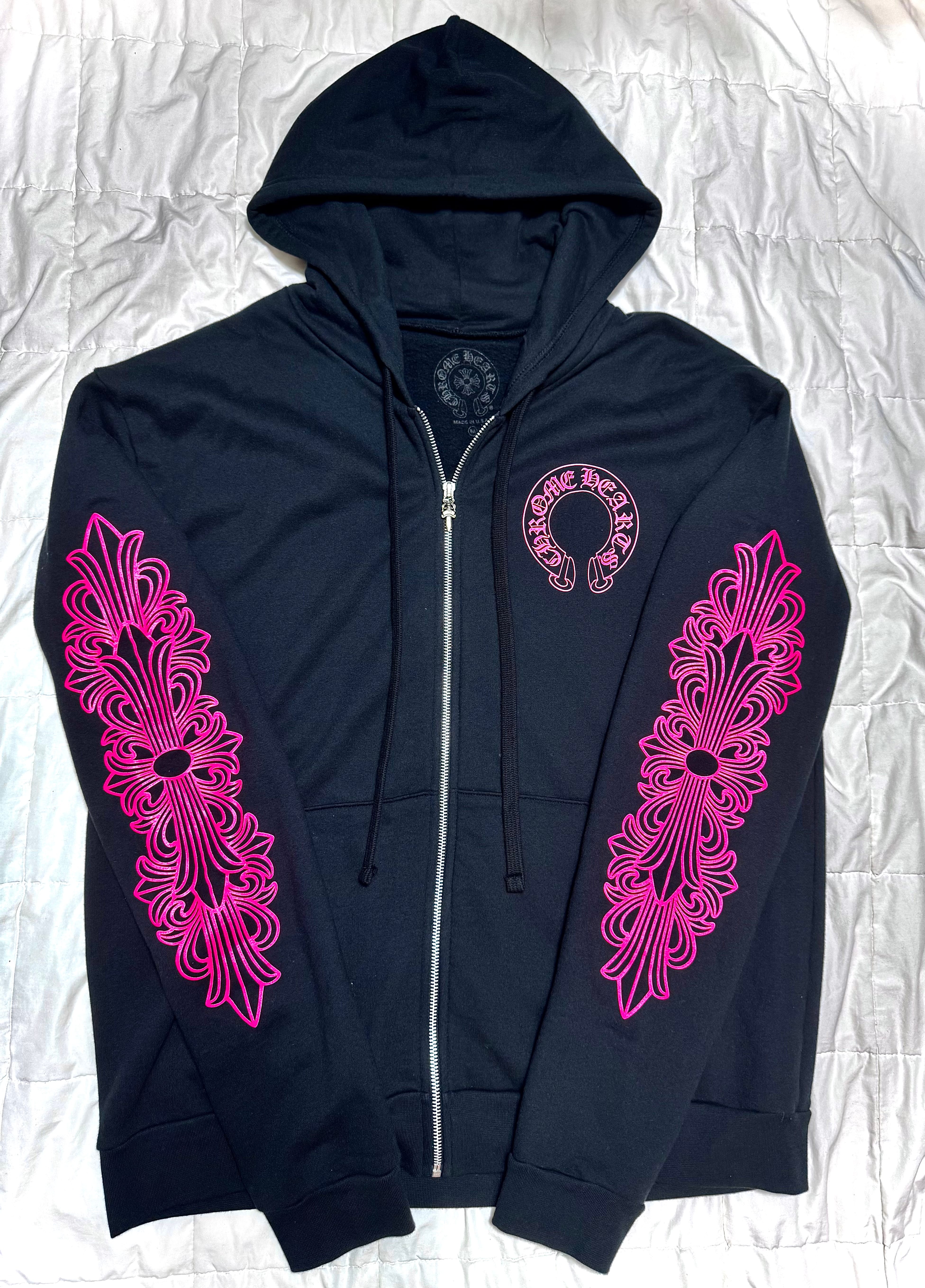 Chrome Hearts Horseshoe Floral Cross Zip-Up Hoodie "Black/Pink"