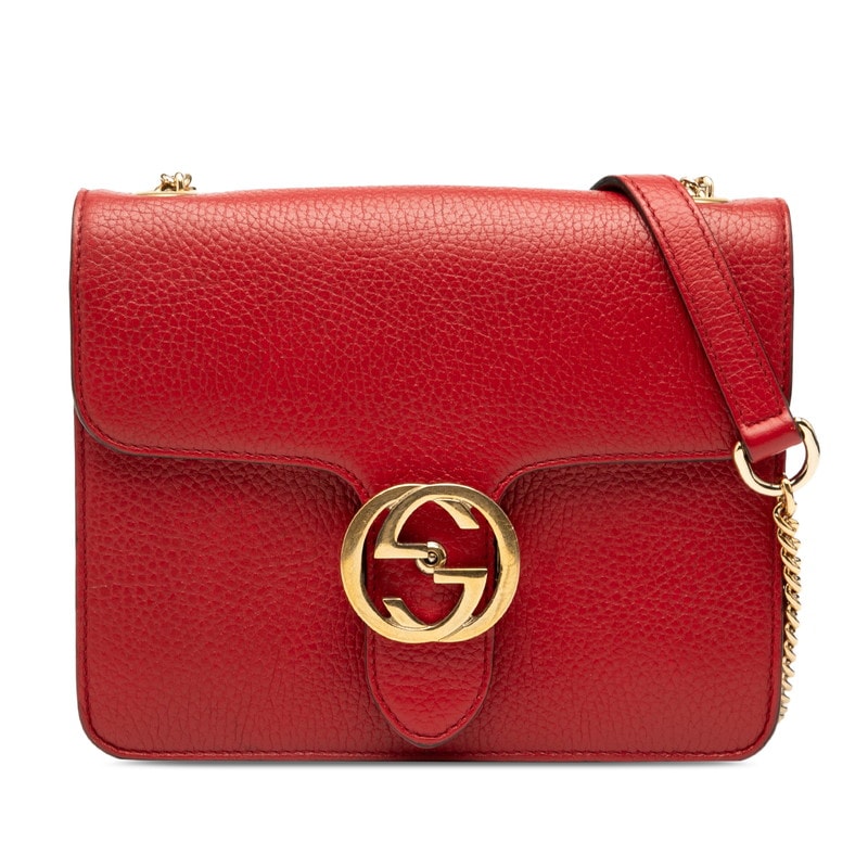 グッチ インターロッキングG 斜め掛け チェーン ショルダーバッグ 510304 レッド レザー レディース GUCCI 中古