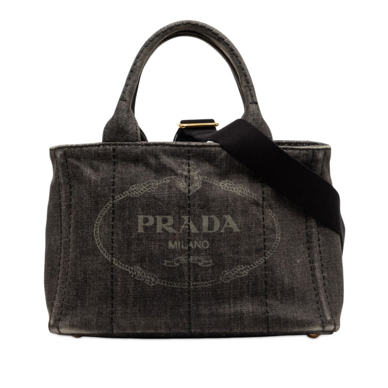 プラダ 三角ロゴプレート カナパ ハンドバッグ ショルダーバッグ 2WAY ブラック グレー デニム レディース PRADA 【中古】
