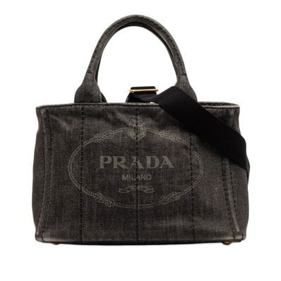 プラダ 三角ロゴプレート カナパ ハンドバッグ ショルダーバッグ 2WAY ブラック グレー デニム レディース PRADA 【中古】