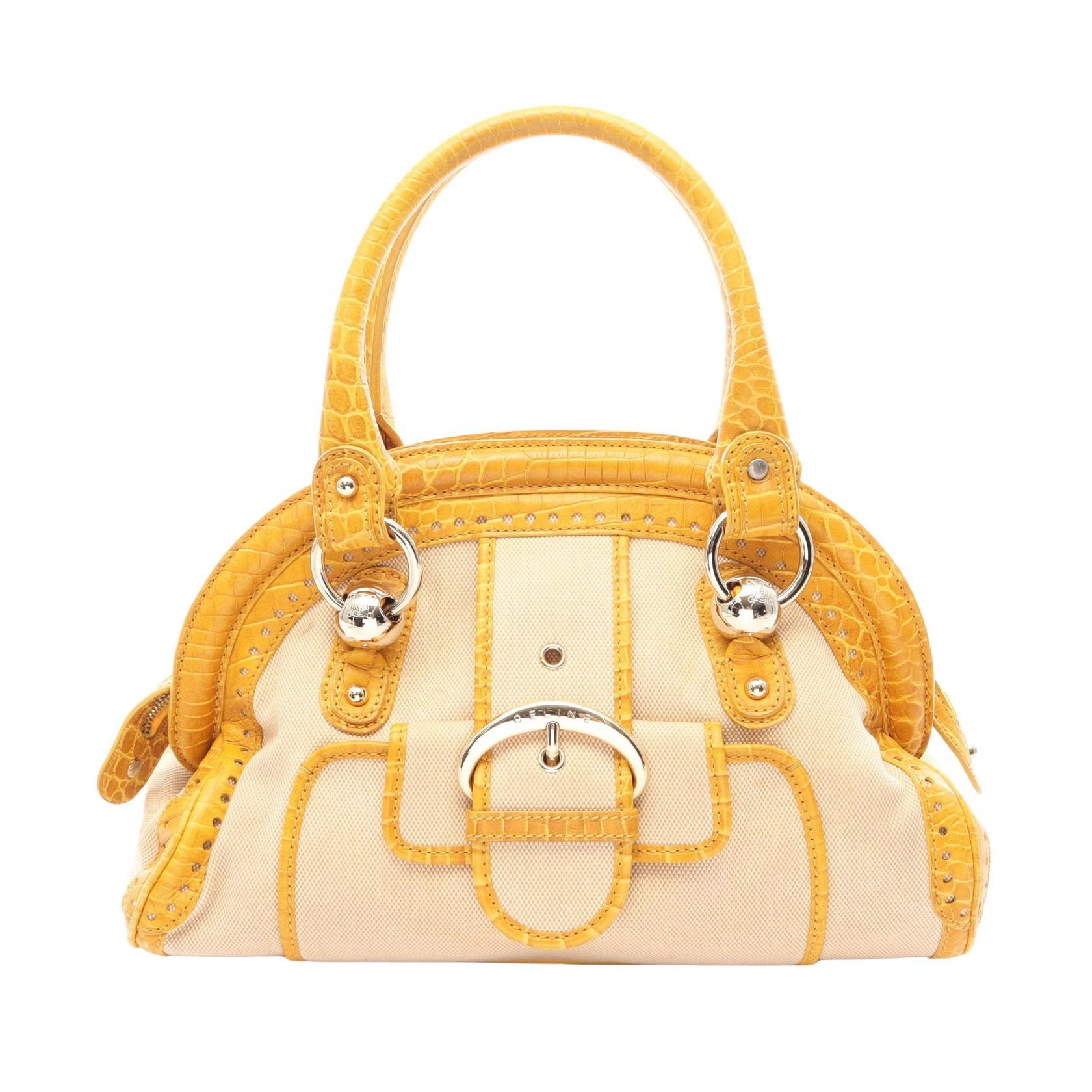 セリーヌ CELINE クロコ型押し ハンドバッグ バッグ キャンバス レザー レディース ベージュ系 / イエロー系 【中古】