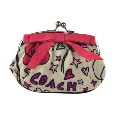 美品 COACH コーチ ポピー がま口 ベージュ ピンク シルバー金具 ナイロン コインケース がま口 601984 【中古】