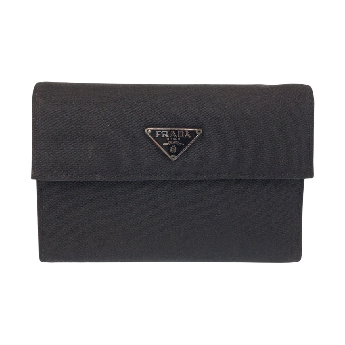 PRADA プラダ テスート 三角ロゴプレート ブラック 黒 シルバー金具 ナイロン レザー/ 折り財布 コンパクトウォレット 600222 【中古】
