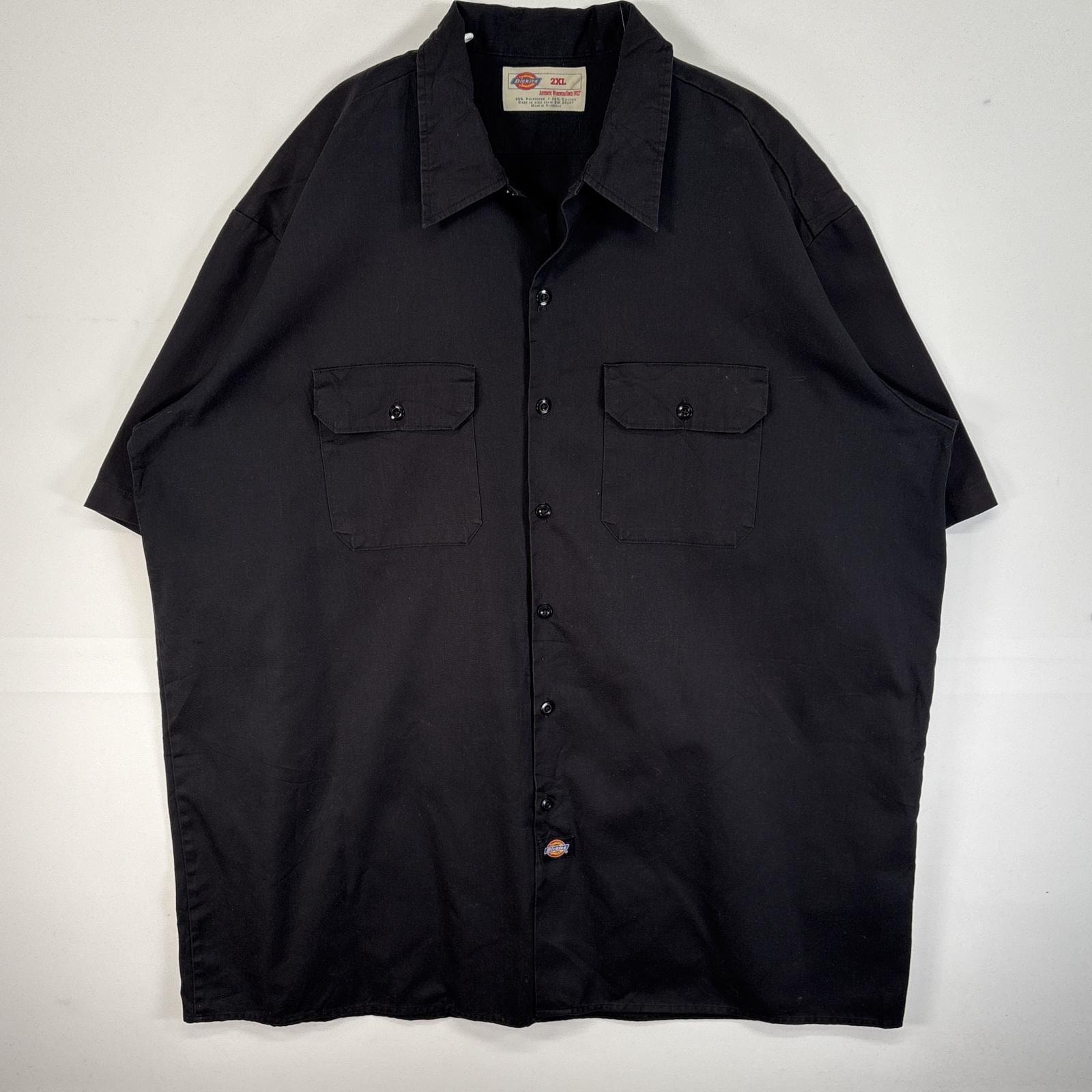 古着 ディッキーズ Dickies 半袖シャツ ワーク 作業着 フラップポケ 大きいサイズ ワンポイント ロゴ 2XL ブラック 無地 メンズ