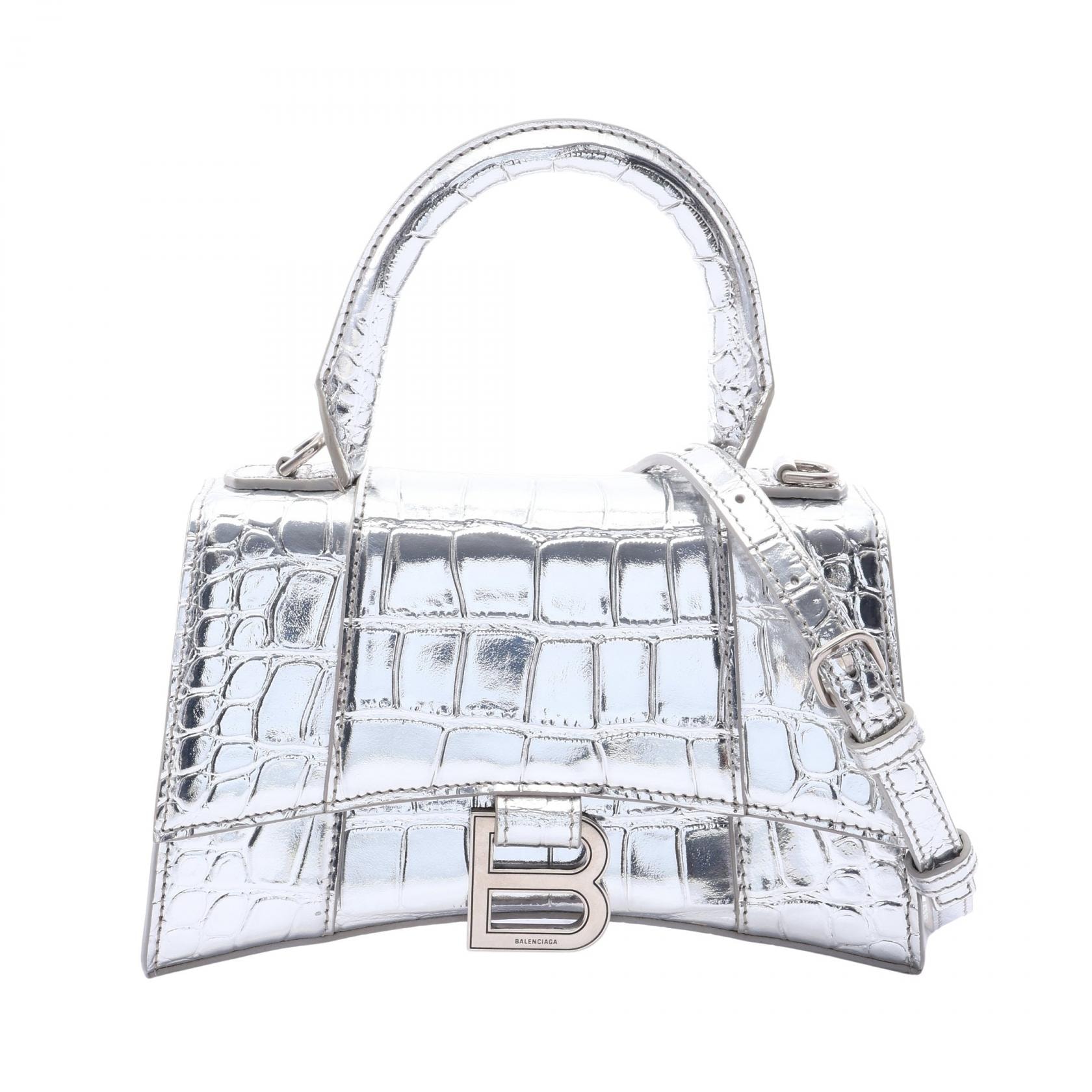 バレンシアガ BALENCIAGA HOURGLASS XS クロコ型押し 2WAY ハンドバッグ バッグ レザー レディース シルバー系 592833 【中古】