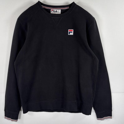 古着 フィラ FILA スウェット トレーナー クルーネック ワンポイントロゴ刺繍 ワッペン M ブラック メンズ