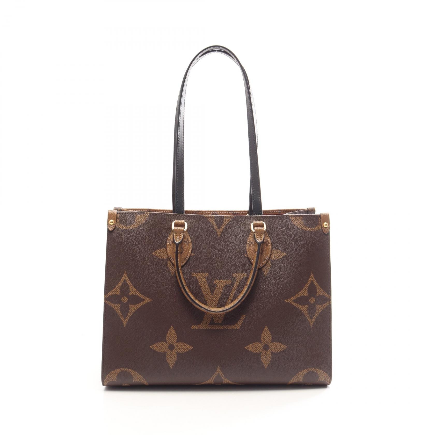 ルイ・ヴィトン LOUIS VUITTON オンザゴーMM トートバッグ バッグ PVCコーティングキャンバス レザー モノグラム・ジャイアントリバース ベージュ レディース ブラウン系 / ベージュ系 M45321 【中古】