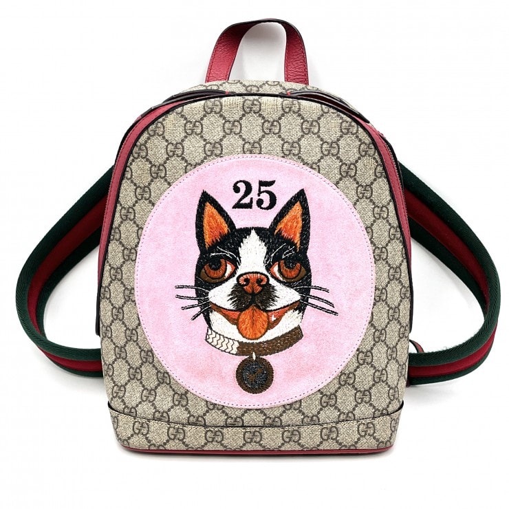 GUCCI(グッチ)GGスプリーム ボスコ バックパック リュック ベージュ レッド PVC レザー 犬刺繍 キッズ レディース 429020【中古】
