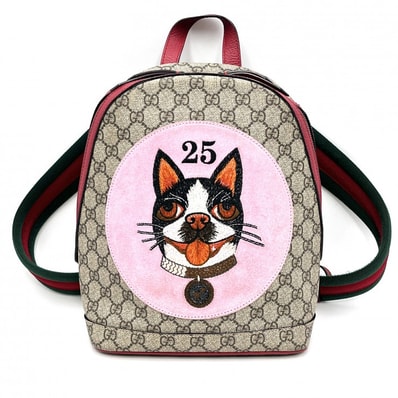 GUCCI(グッチ)GGスプリーム ボスコ バックパック リュック ベージュ レッド PVC レザー 犬刺繍 キッズ レディース 429020【中古】