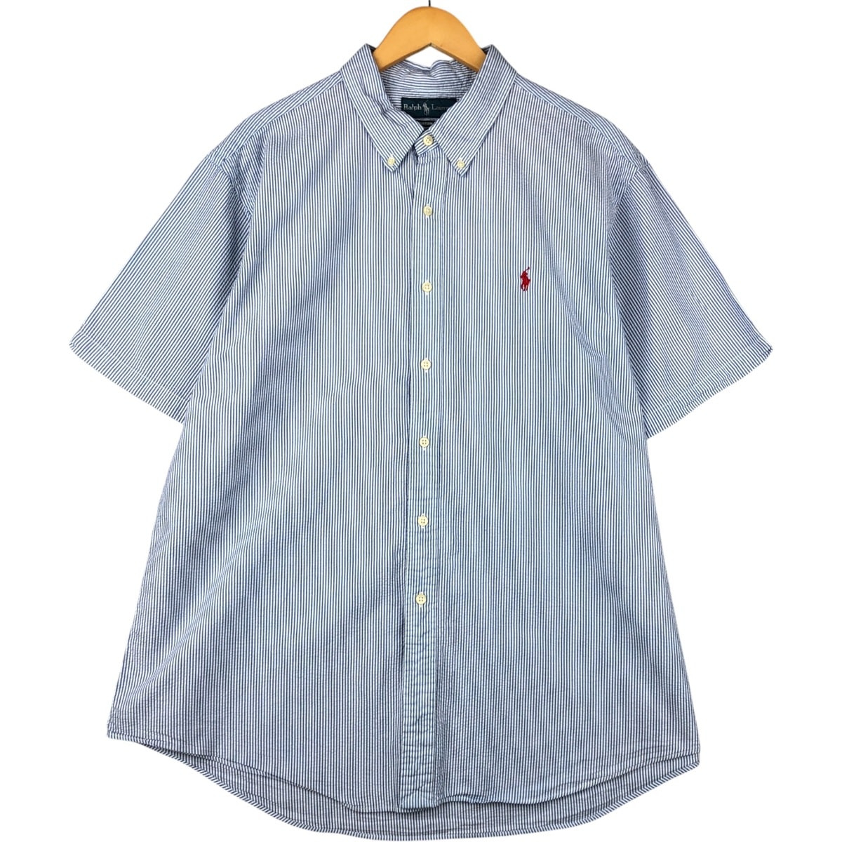 古着 ラルフローレン Ralph Lauren CUSTOM FIT シアサッカー 半袖 ボタンダウン ストライプシャツ メンズXXL相当/eaa584885