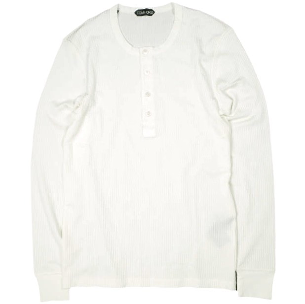 新品 TOM FORD トムフォード イタリア製 LONG SLEEVE HENLEY ビスコースエラスティン リブ編みヘンリーネックニットカットソー BZ204 TFJ262 48 OFF WHITE セーター トップス g26842
