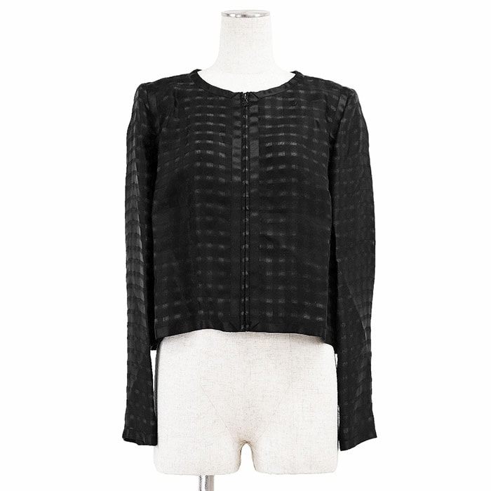 美品 シャネル 2009年製 COCOマークチャーム シルク100% チェック柄 ジャケット レディース ブラック 42 CHANEL