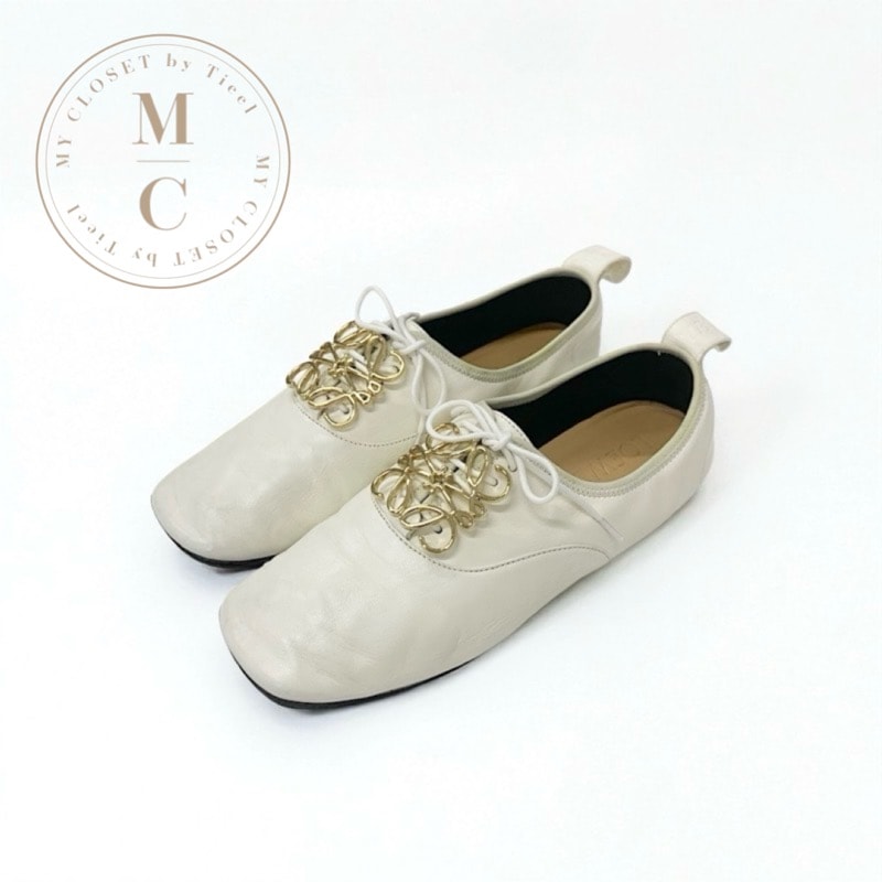 ロエベ LOEWE フラットシューズ 靴 シューズ レザー ホワイト系 ゴールド アナグラム ソフトダービー レースアップシューズ