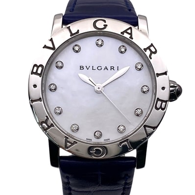 BVLGARI ブルガリ ブルガリブルガリ 自動巻き MOP 12Pダイヤモンド 33mm 腕時計 102746 ステンレススチール シルバー ネイビー グリーン ボーイズ【中古】