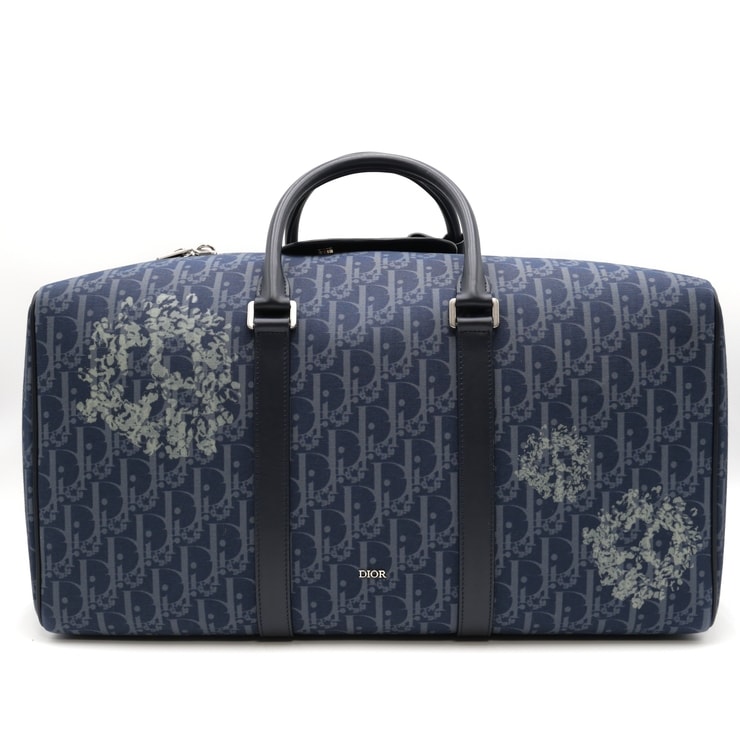 DIOR(ディオール)× Denim Tears(デニムティアーズ) リンゴ50 LINGOT 50 ボストンバッグ ディオールオブリーク ピースサイン ネイビー キャンバス レザー 2WAY ショルダーバッグ メンズ レディース 16-BO-0243【中古】