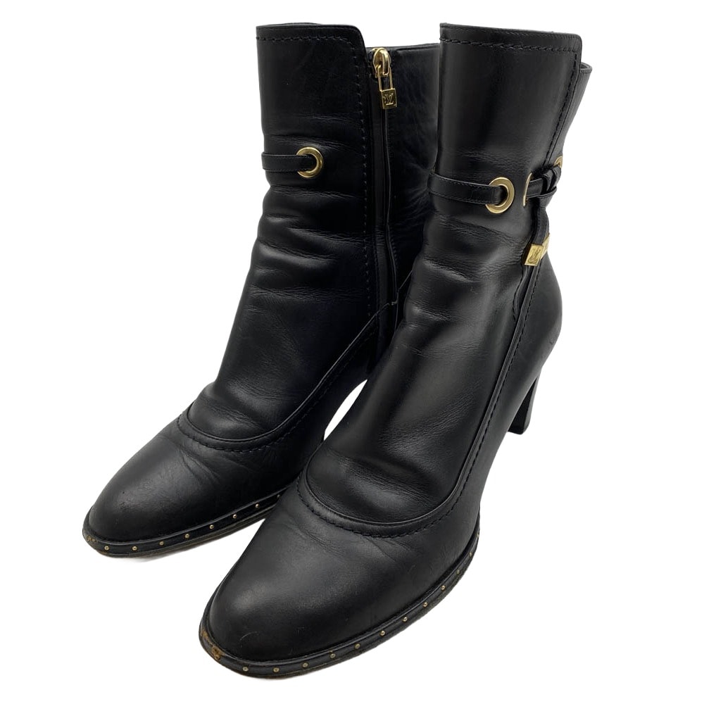 LOUIS VUITTON ルイ・ヴィトン ブーツ レザー サイドジップ ヒールブーツ ショートブーツ 靴 シューズ ブラック系 39【中古】