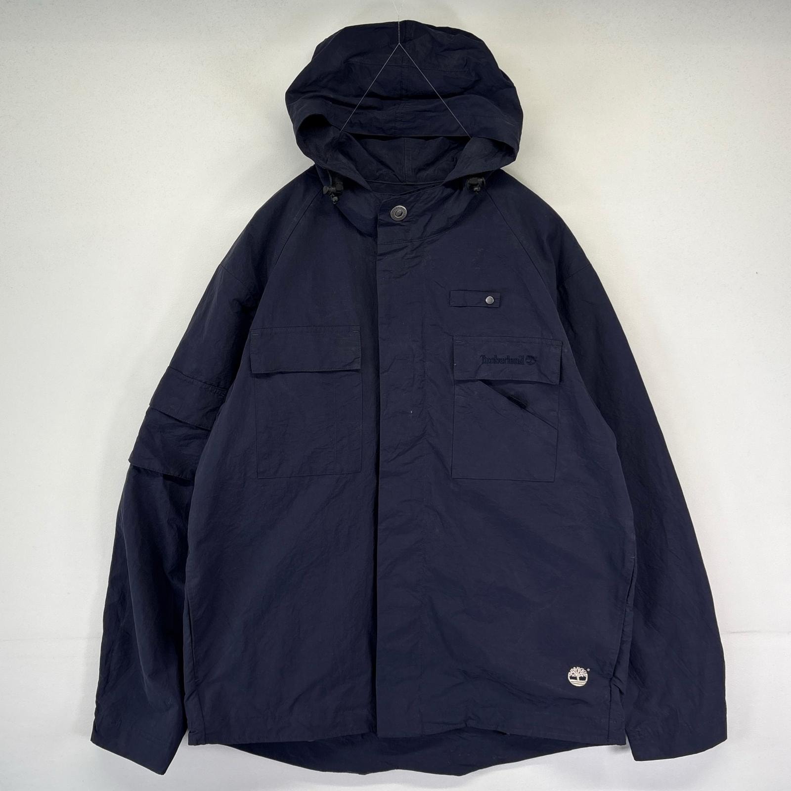 古着 ティンバーランド Timberland ナイロンジャケット フルジップ ワンポイントロゴ刺繍 フード アウトドア L  ネイビー メンズ