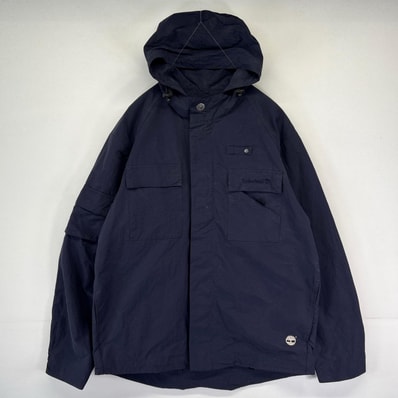 古着 ティンバーランド Timberland ナイロンジャケット フルジップ ワンポイントロゴ刺繍 フード アウトドア L ネイビー メンズ
