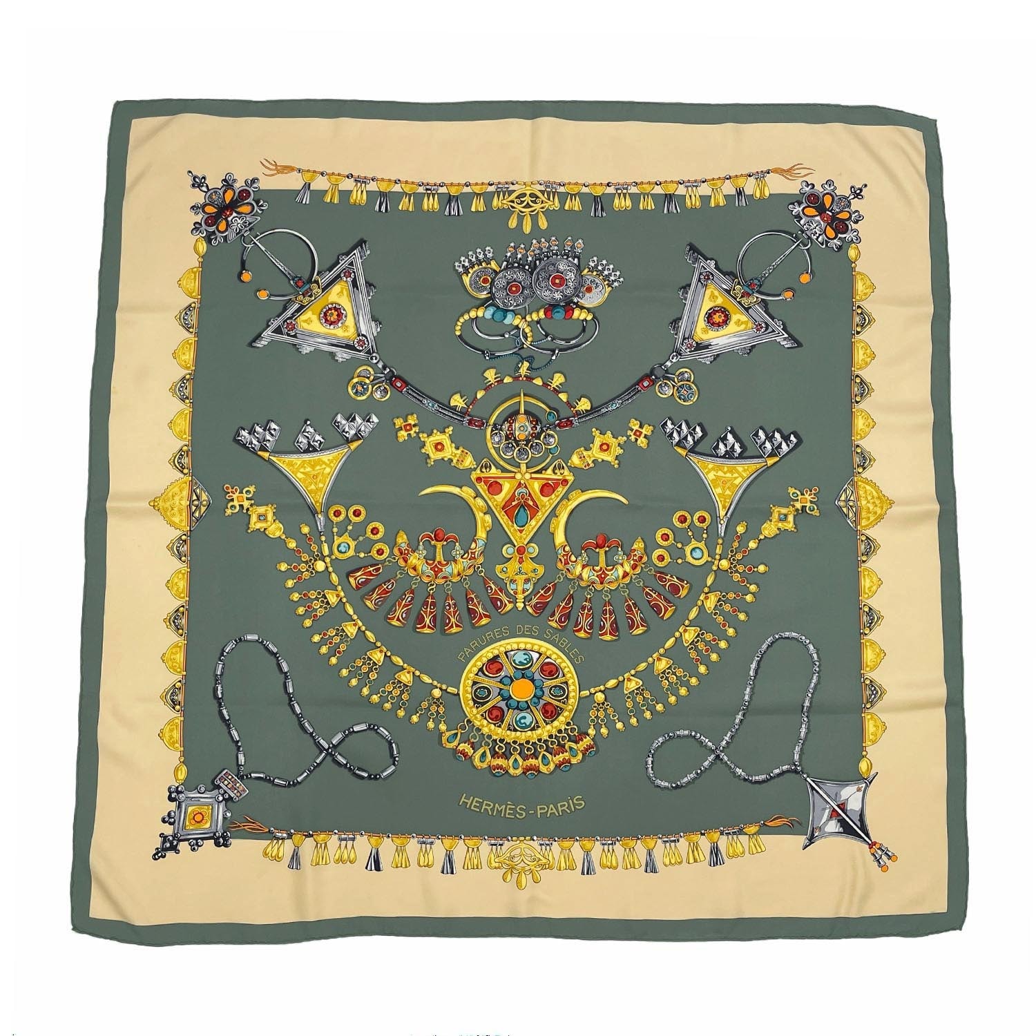 HERMES エルメス カレ90 PARURES DES SABLES 砂漠のアクセサリー 宝石柄 スカーフ
 ストール ハンカチ シルク グリーン ユニセックス
 【中古】