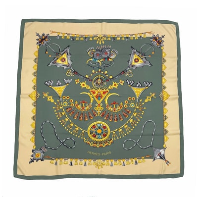 HERMES エルメス カレ90 PARURES DES SABLES 砂漠のアクセサリー 宝石柄 スカーフ
ストール ハンカチ シルク グリーン ユニセックス
【中古】