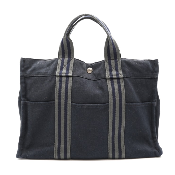 HERMES(エルメス)フールトゥ MM ヴィンテージ トートバッグ ハンドバッグ ネイビー キャンバス ストライプ シルバー金具 メンズ レディース ユニセックス【中古】