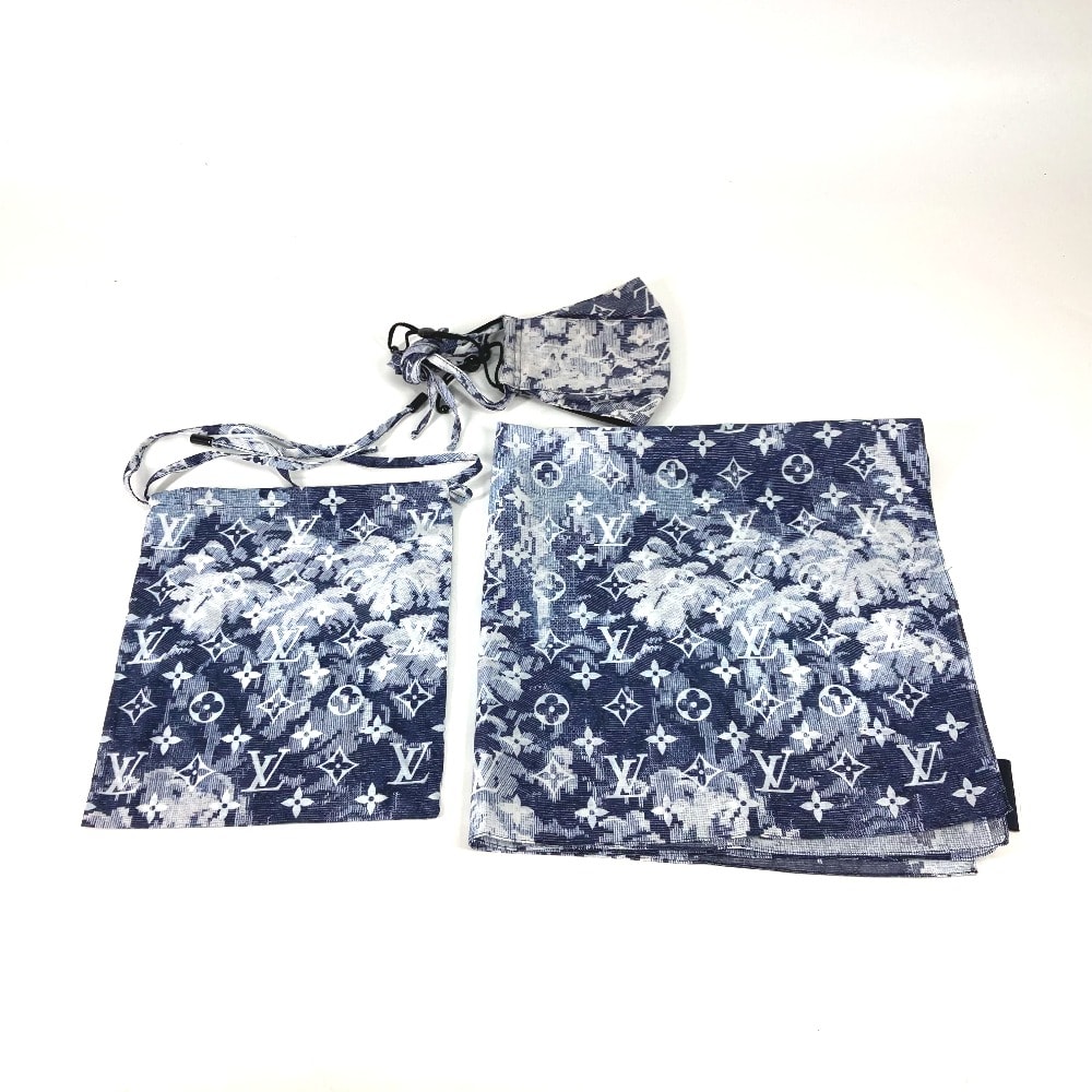 ルイヴィトン LOUIS VUITTON 3点セット MP2886 モノグラム タペストリー マスク&巾着ポーチ&バンダナ マスク コットン ネイビー 美品