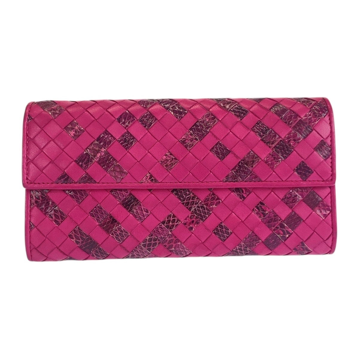 美品 BOTTEGAVENETA ボッテガヴェネタ イントレチャート ピンク レザー パイソン/ 長財布 ロングウォレット 603630 【中古】