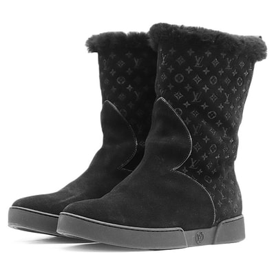 【美品】LOUIS VUITTON ルイ・ヴィトン ペコスブーツ フロスティライン LV モノグラム ムートン スウェード ボア シューズ 靴 レディース サイズ 36 ブラック 黒 イタリア製