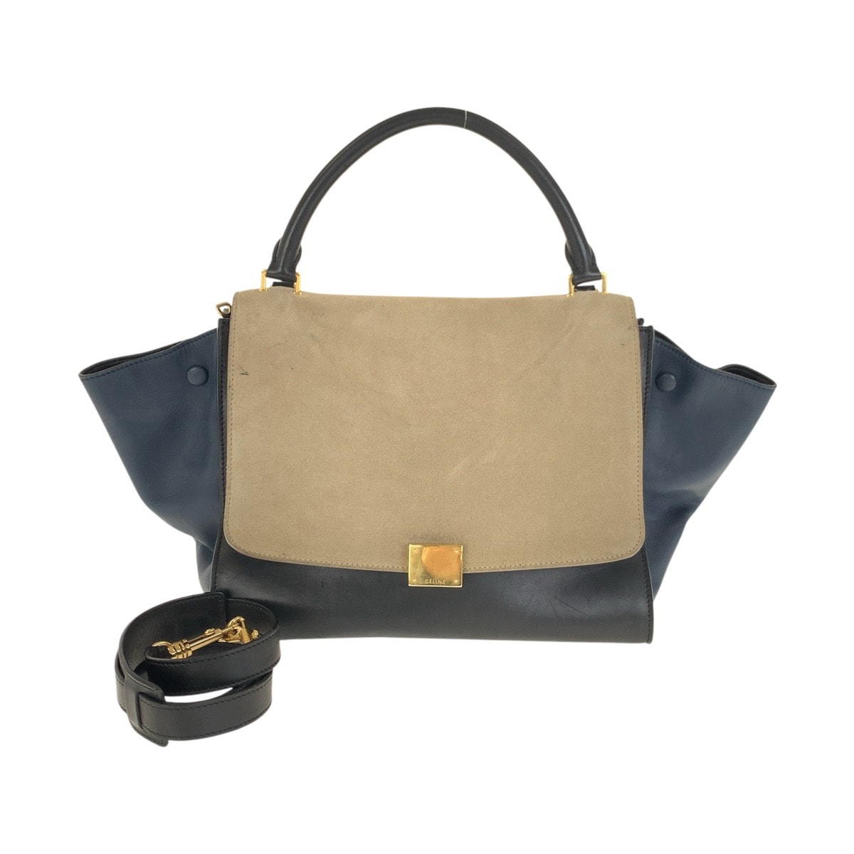 CELINE セリーヌ トラペーズ ネイビー ベージュ ゴールド金具 レザー ハンドバッグ ショルダーバッグ 2WAY 506748 【中古】