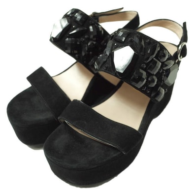 MARC JACOBS マークジェイコブス Lily Embellished Wedge Sandal ビジューウエッジソールストラップサンダル M9001608 371/2(24cm) ブラック スエード シューズ g4588