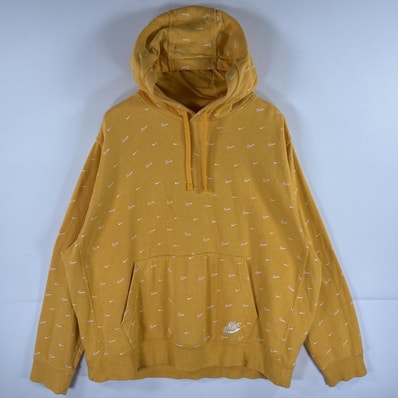 古着 ナイキ NIKE パーカー スウェット プルオーバー スウッシュロゴ総柄 フーディ 大きいサイズ XL イエロー メンズ