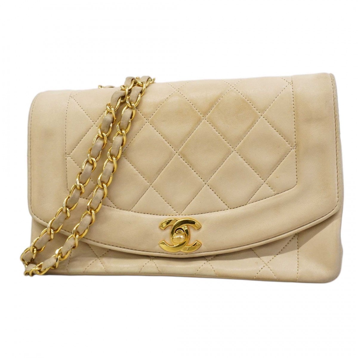 【6dc2793-k】シャネル ショルダーバッグ ダイアナ チェーンショルダー ラムスキン ベージュ ゴールド金具【中古】レディース