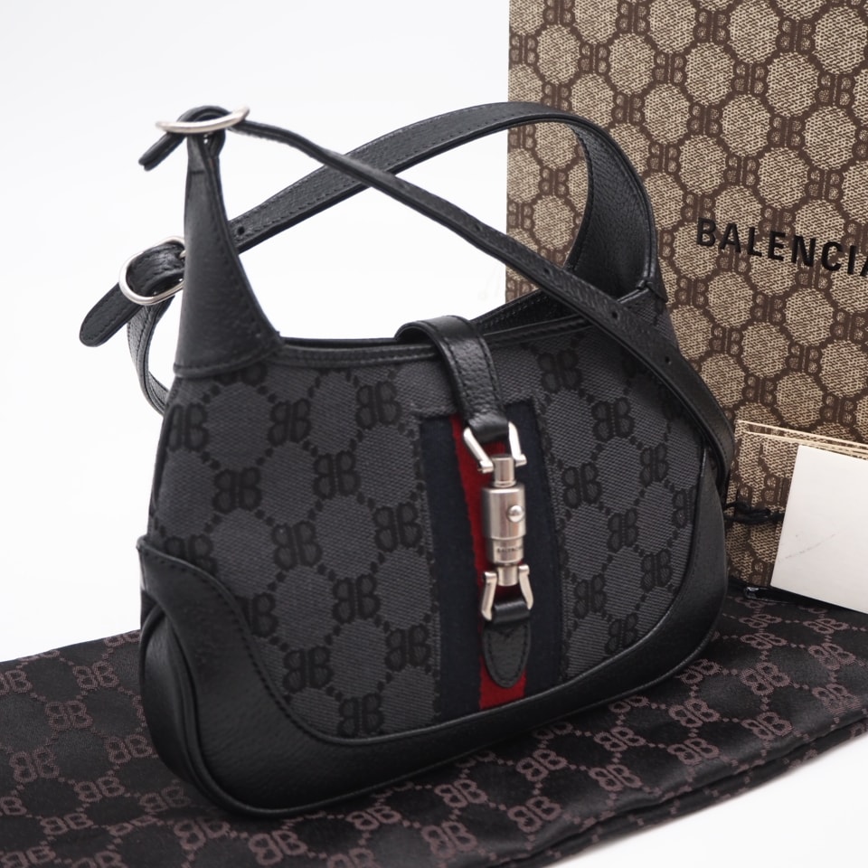 美品 BALENCIAGA バレンシアガ キャンバス レザー GUCCIコラボ ザ ハッカー プロジェクト ジャッキー 680132 ハンドバッグ ブラック グレー レッド キャンバス レザー レディース