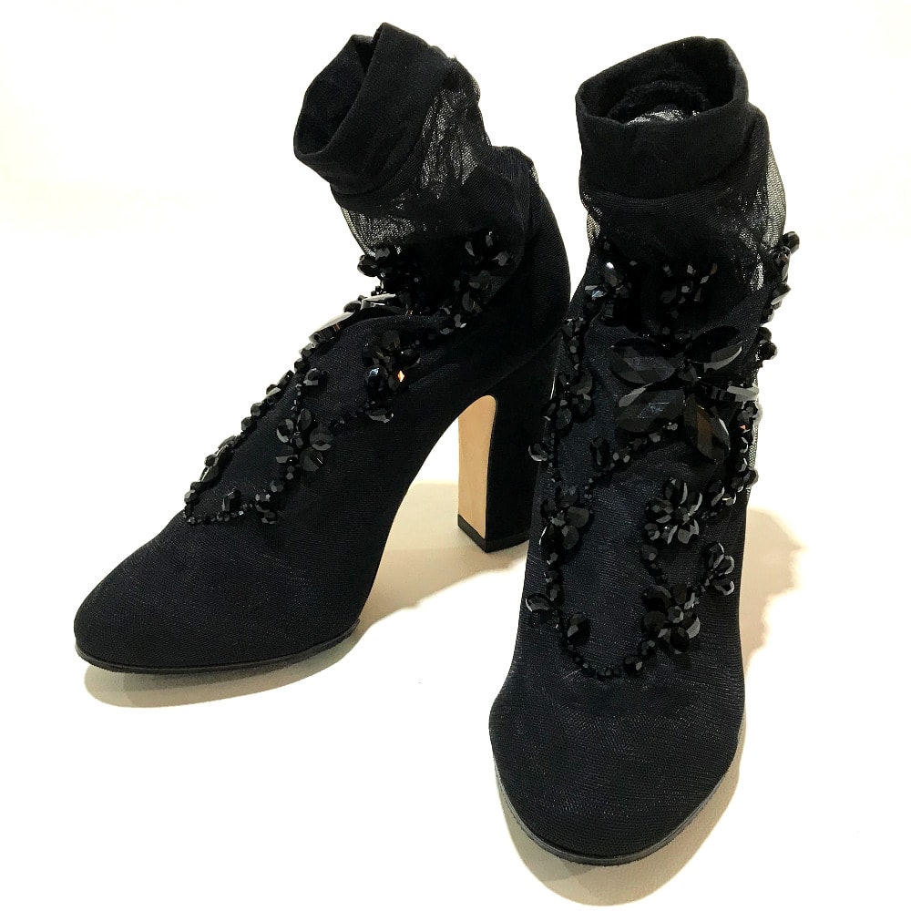 ドルチェアンドガッバーナ DOLCE&GABBANA フラワーモチーフ ソックスブーツ アンクルブーツ ブーツ 黒 靴その他 ビーズ ブラック ブラック 未使用