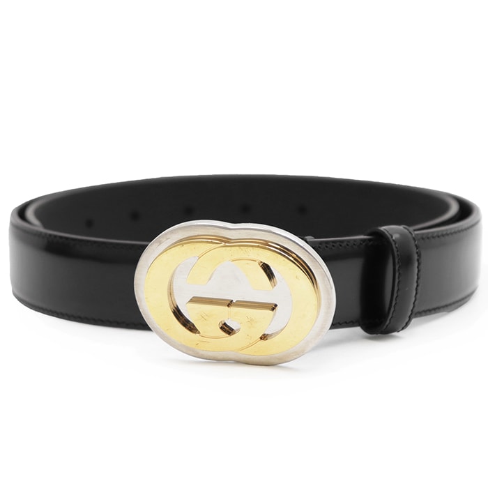 GUCCI グッチ レザーベルト サイズ 85・34 メンズ GG インターロッキング ロゴ ゴールドバックル スーツ フォーマル 小物 ブラック 黒 イタリア製 598092