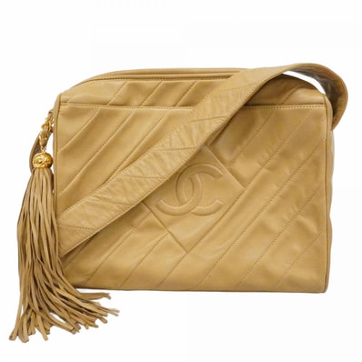 【6cd4345-k】シャネル ショルダーバッグ フリンジショルダー ラムスキン ライトブラウン ゴールド金具【中古】レディース