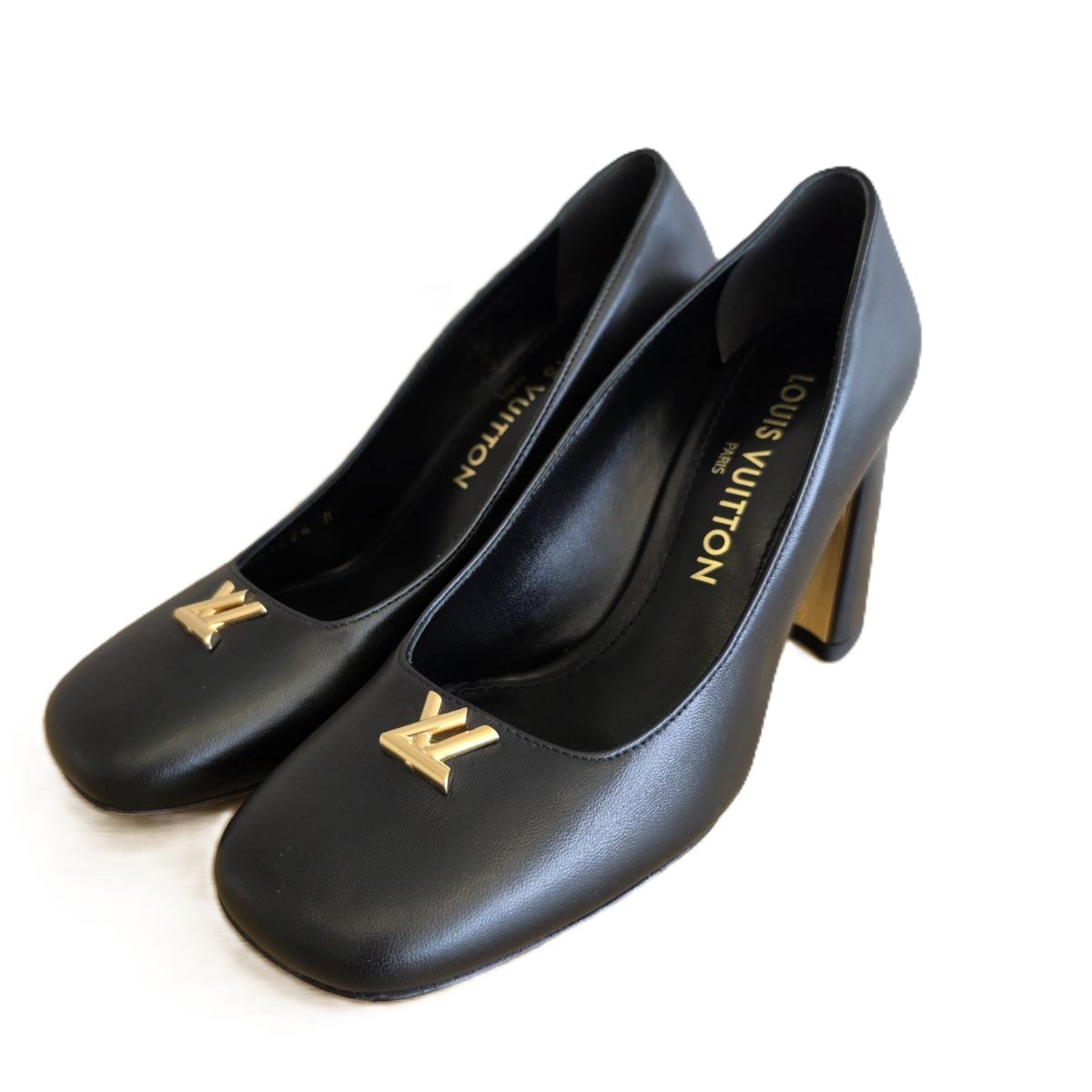 LOUIS VUITTON ルイ・ヴィトン 日本限定 スウィング パンプス LV ロゴ パンプス 1AGYB0 レザー ブラック ゴールド  レディース【中古】