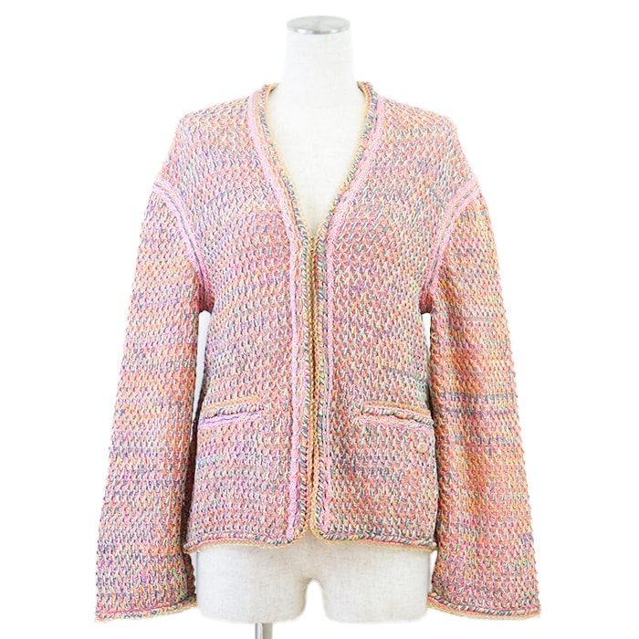 美品 シャネル 2017年 カーディガン ニット レディース ピンク マルチカラー 36 CHANEL