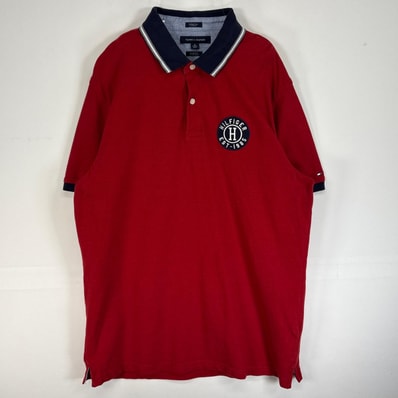 古着 トミーヒルフィガー TOMMY HILFIGER 半袖 ポロシャツ ロゴ 大きいサイズ 2ボタン XL レッド マルチカラー メンズ