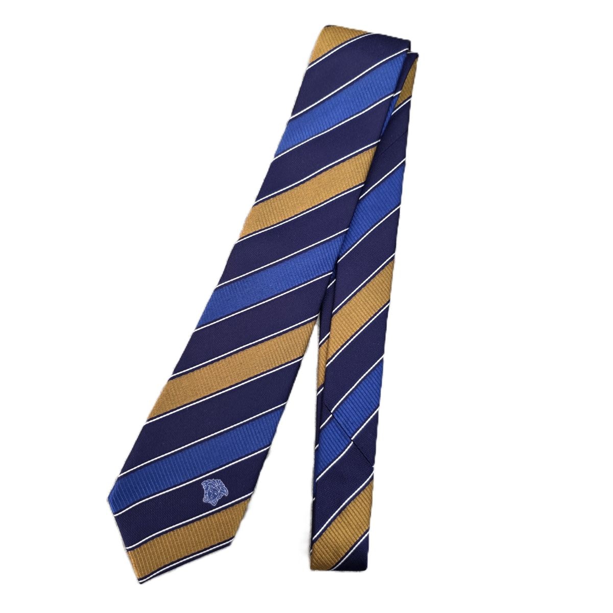 VERSACE ヴェルサーチェ シルク ストライプ 斜め メデューサ ネクタイ シルク ネイビー ゴールド メンズ【中古】
